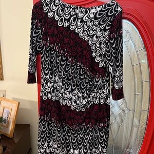 Cato dress, black and white and maroon, size 14